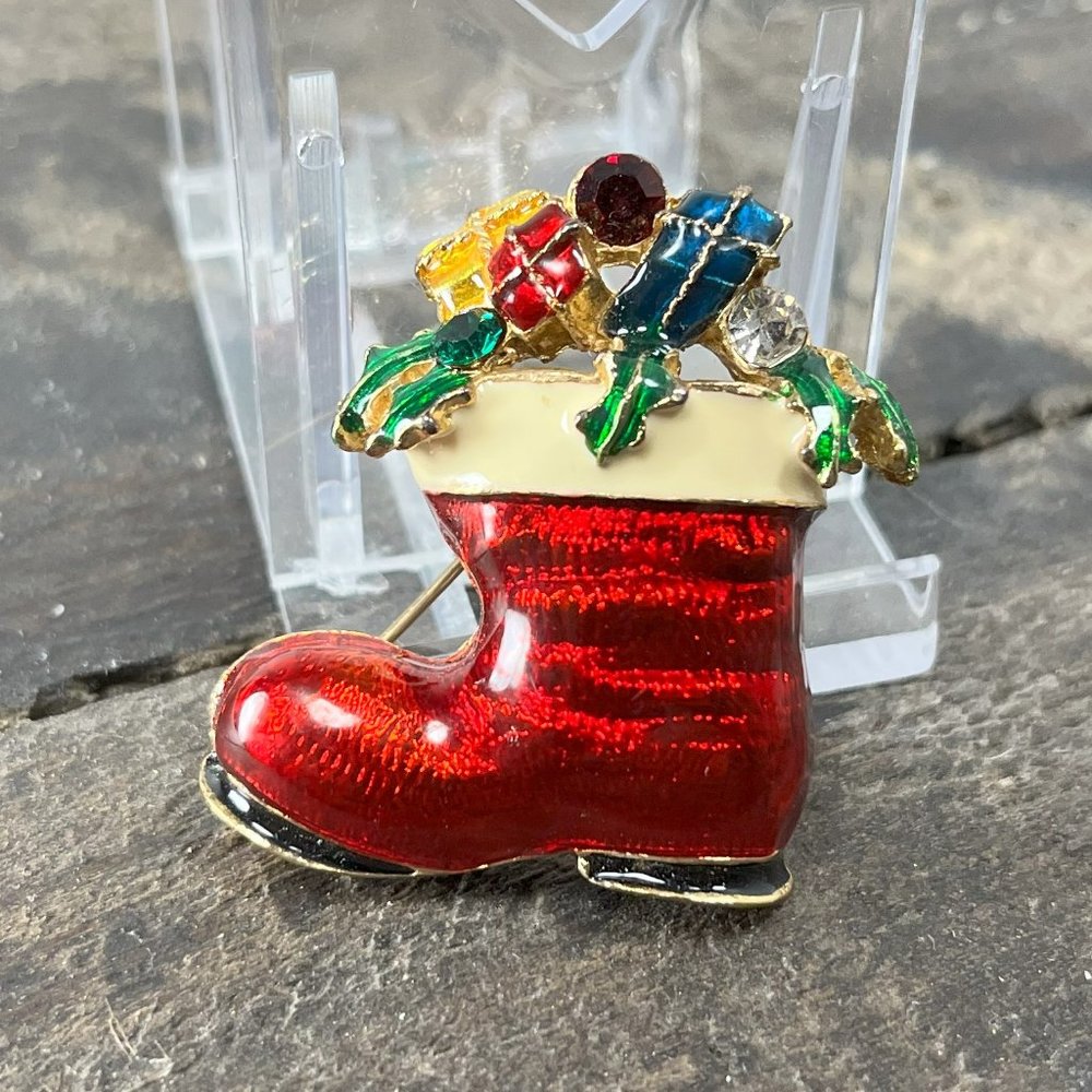 Vintage Jeweled Enamel Christmas Stocking Boot Gold tone Holiday Christmas